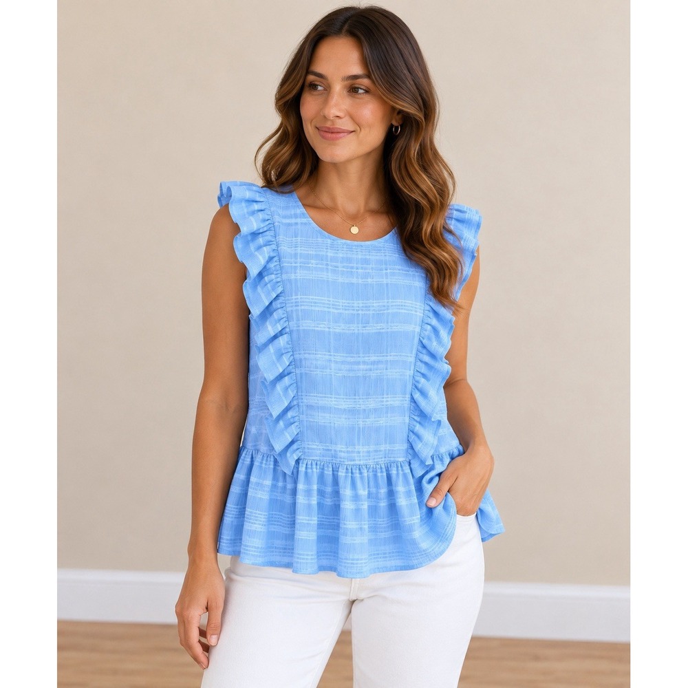 Davi & Dani Womens M Blue Ruffle Peplum Blouse Sleeveless Textured Top